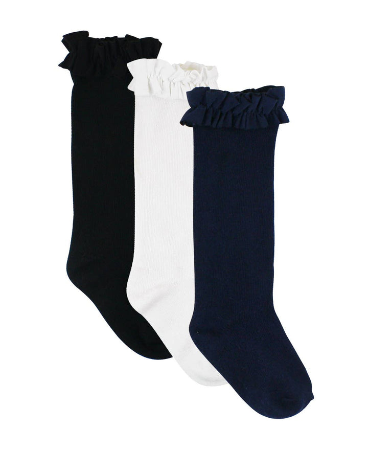 Girls 3-Pack Knee High Ruffle Socks - Black, White &amp; Dark Navy