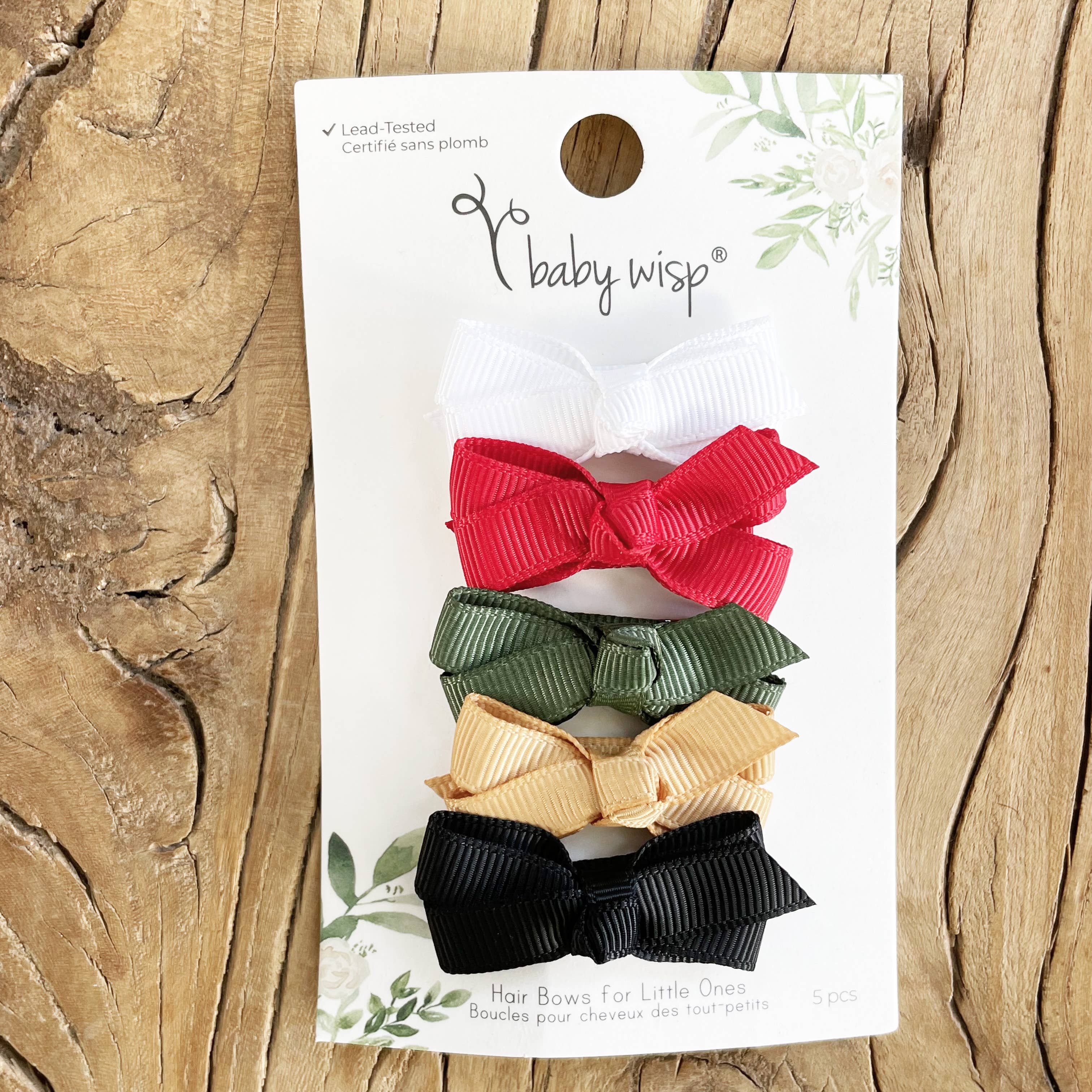 Baby Wisp - 5 Chelsea Boutique Grosgrain Bows on Snap Clips - Elf