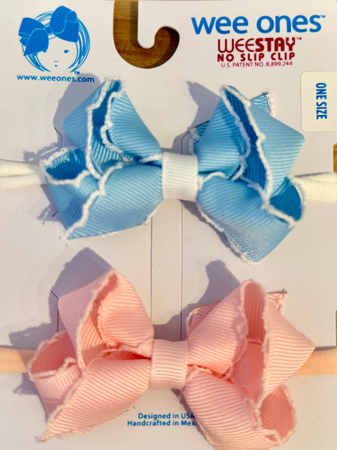 Wee Ones - Gift Pack - Two Mini Grosgrain Bows with Moonstitch Edge on Skinny Nylon Band - Pink/Light blue
