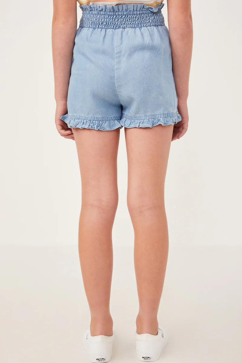 Hayden Girls - Tencel Smocked Waist Ruffled Shorts - Light Denim *FINAL SALE*