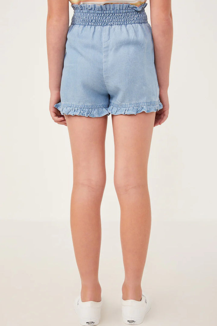Hayden Girls - Tencel Smocked Waist Ruffled Shorts - Light Denim *FINAL SALE*