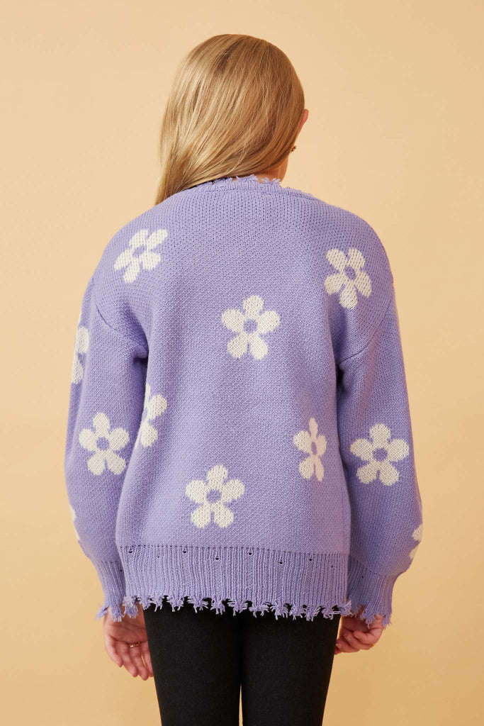 Hayden Girls - Distressed Floral Patterned Pullover Sweater - Lavender