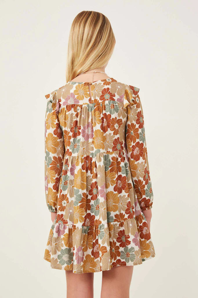 Hayden Girls - Mixed Floral Print Ruffle Shoulder Dress - Mustard Mix