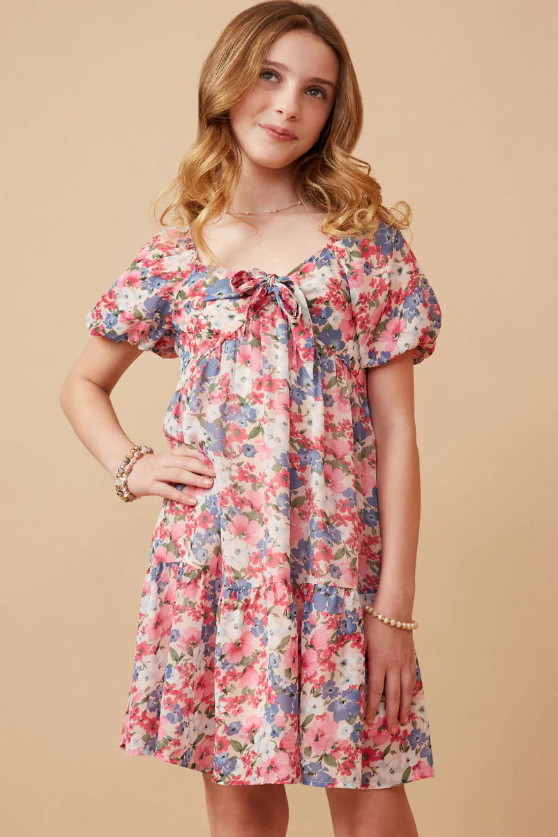 Hayden Girls - Spring Floral Puff Sleeve Bow Front Dress - Pink