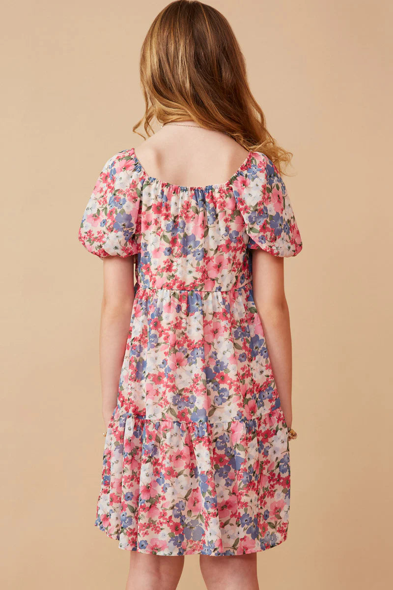 Hayden Girls - Spring Floral Puff Sleeve Bow Front Dress - Pink