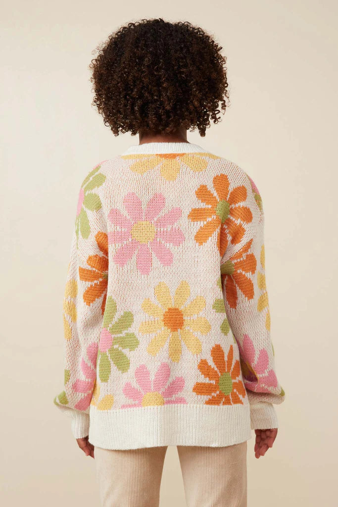 Hayden Girls - Retro Daisy Knit Pullover Sweater - Ivory