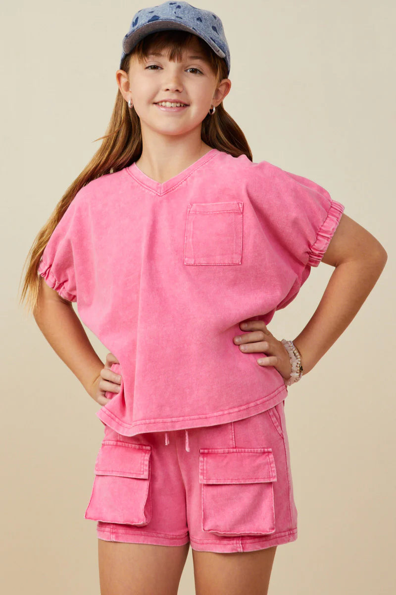 Hayden Girls - Garment Washed V Neck Elastic Sleeve T Shirt - Pink