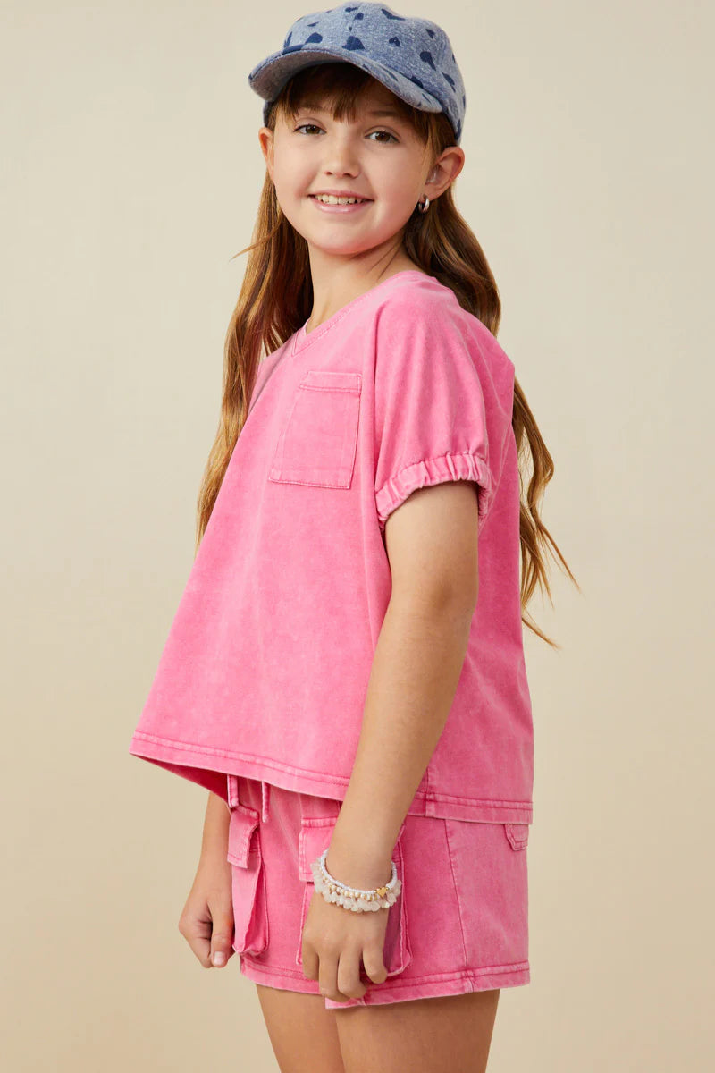 Hayden Girls - Garment Washed V Neck Elastic Sleeve T Shirt - Pink