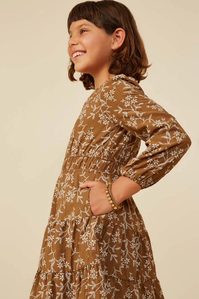 Hayden Girls - Notch Detail Long Sleeve Floral Embroidered Dress