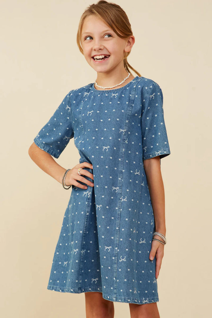 Hayden Girls - Polka Dot and Bow Print Denim Dress *FINAL SALE*