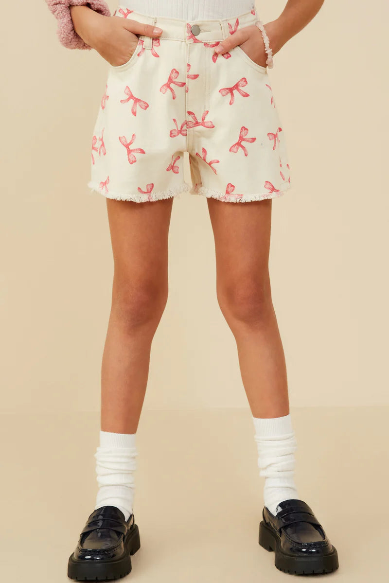 Hayden Girls - Bow Printed Distressed Denim Short - Ivory