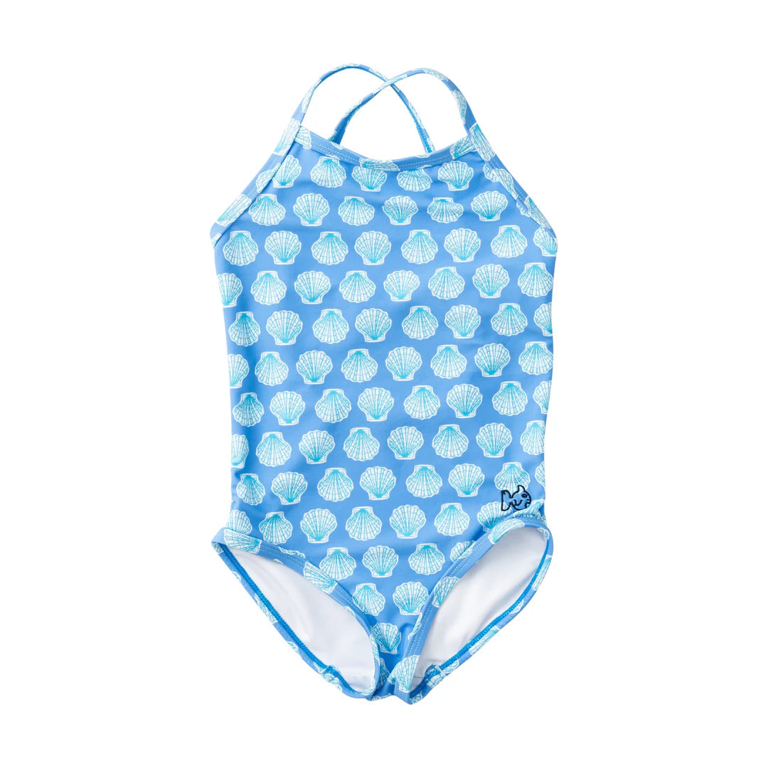 Prodoh - Girl's Spring Tides Bow Back One Piece Swimsuit - Marina Blue Shells Print