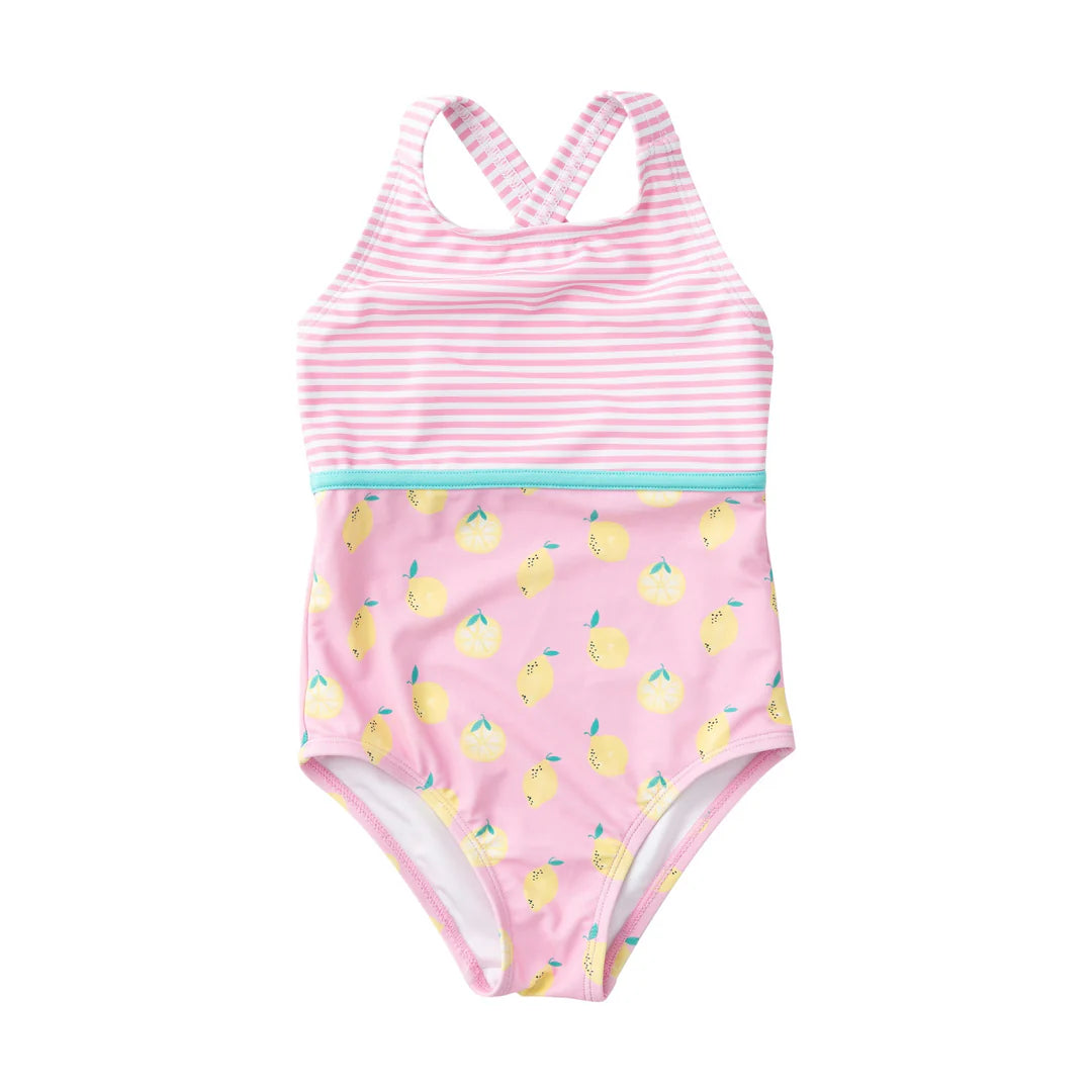 Prodoh - Girls' Boardwalk Crossback Swimsuit - Pink Frosting Lemon Print