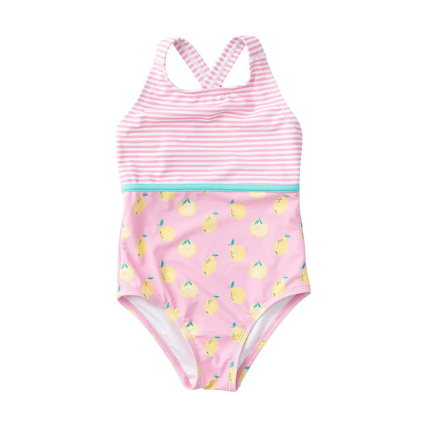 Prodoh - Girls' Boardwalk Crossback Swimsuit - Pink Frosting Lemon Print