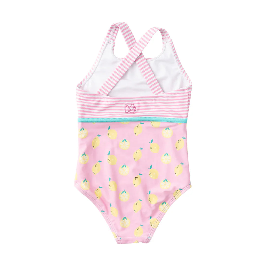 Prodoh - Girls' Boardwalk Crossback Swimsuit - Pink Frosting Lemon Print