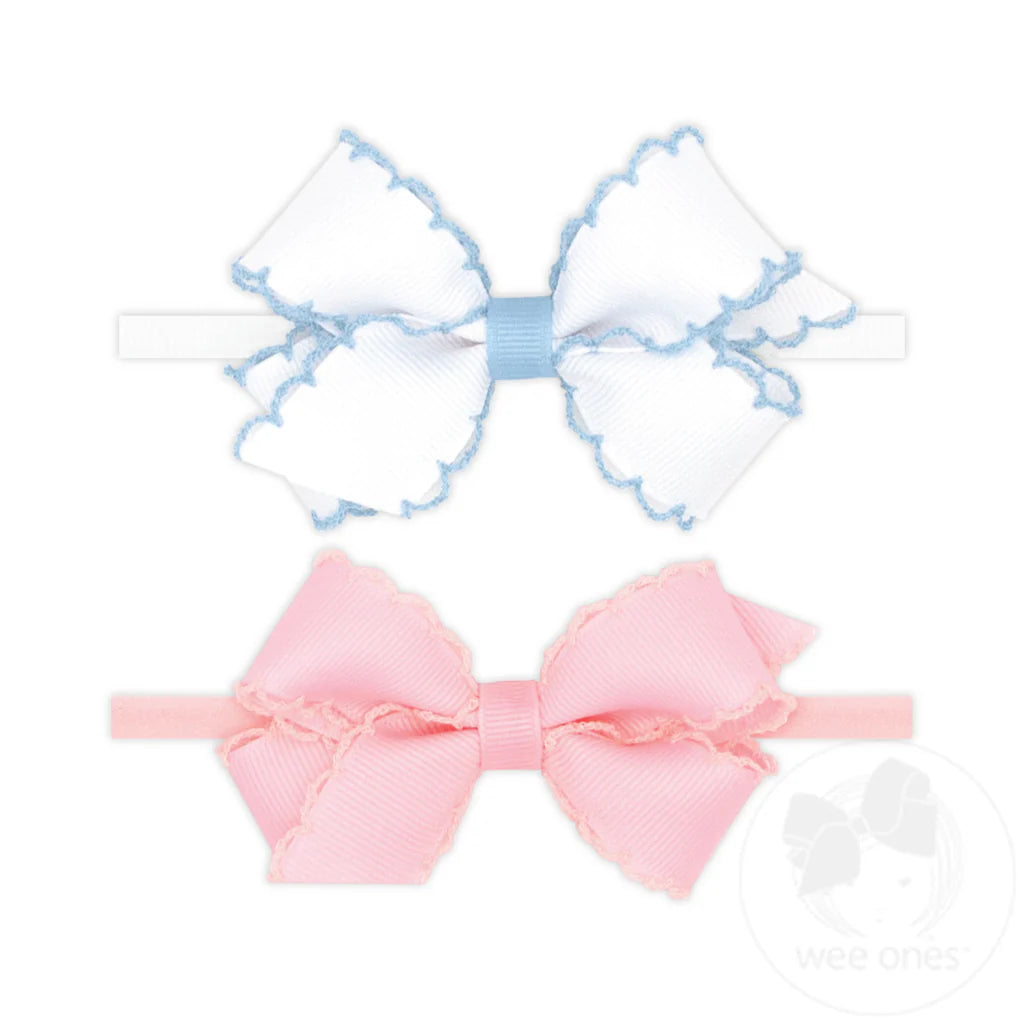 Wee Ones - Gift Pack - Two Mini Grosgrain Bows with Moonstitch Edge on Skinny Nylon Band - Pink/White