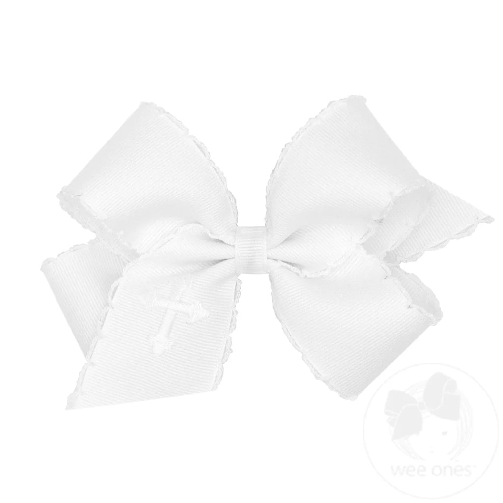 Wee Ones - King White Grosgrain Hair Bow with Moonstitch Edge and Cross Embroidery on Tail