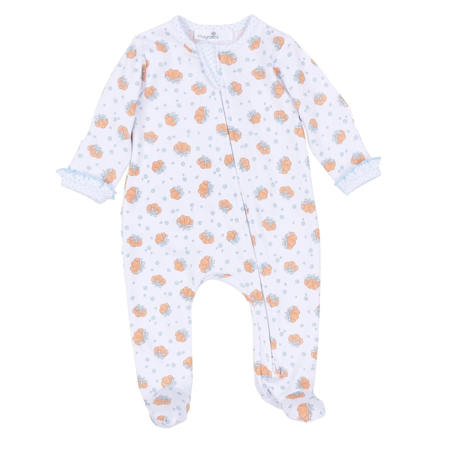 Magnolia Baby - Prettiest in the Patch Print Ruffle Zip Footie  - Sky Blue