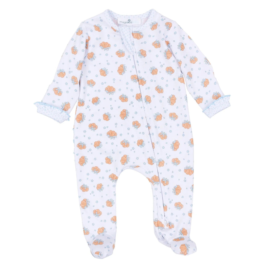 Magnolia Baby - Prettiest in the Patch Print Ruffle Zip Footie  - Sky Blue