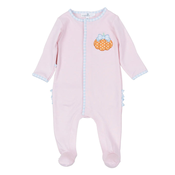 Magnolia Baby - Bowtique Pumpkin Appliqué Ruffle Zip Footie - Pink