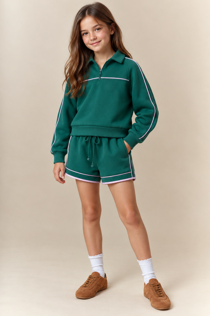Peach Love - Gingham Piping French Terry Short - Green