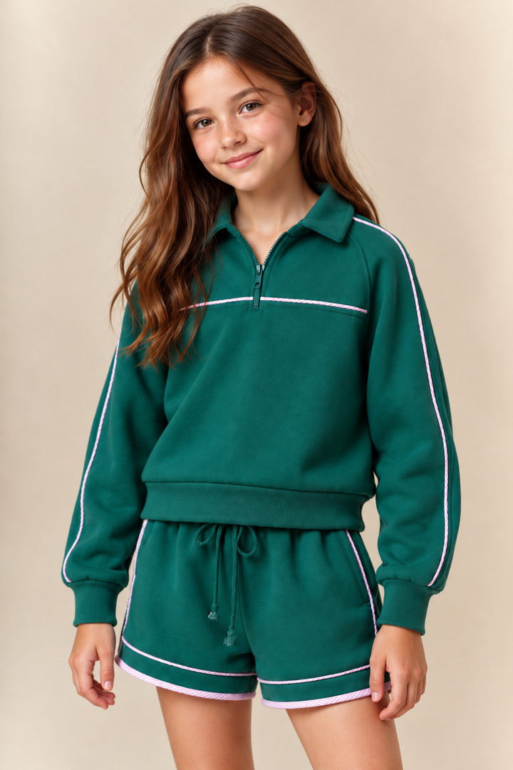 Peach Love - Gingham Piping Fleece Pullover - Green