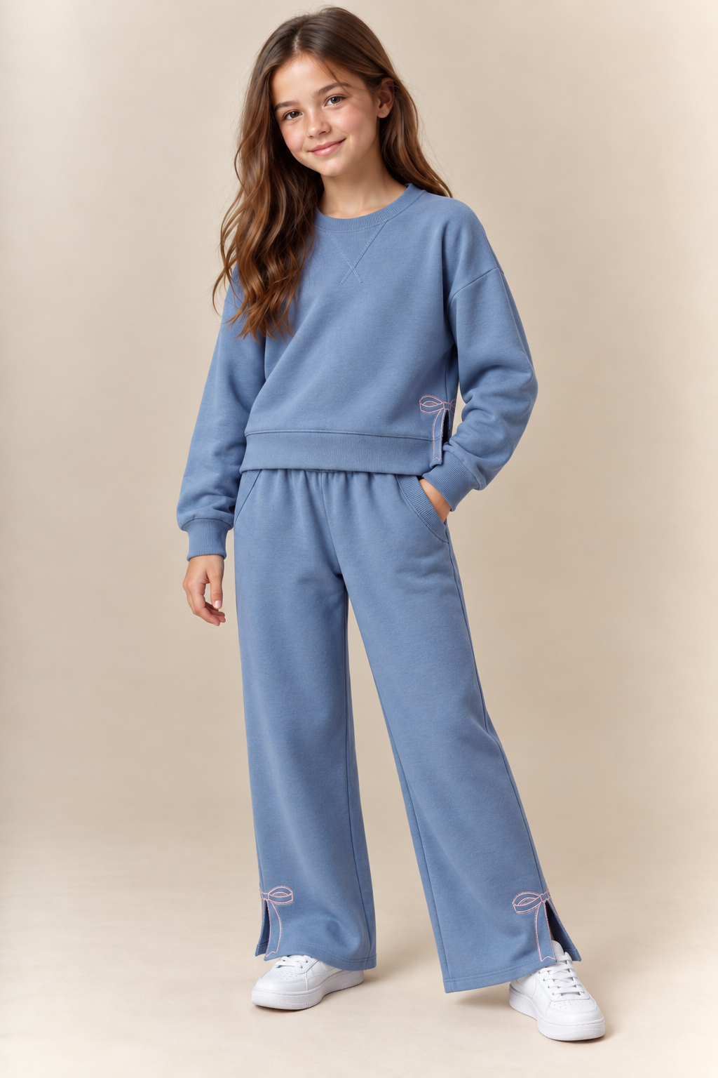 Peach Love - Side Slit Bow Detail Crewneck Top - Blue