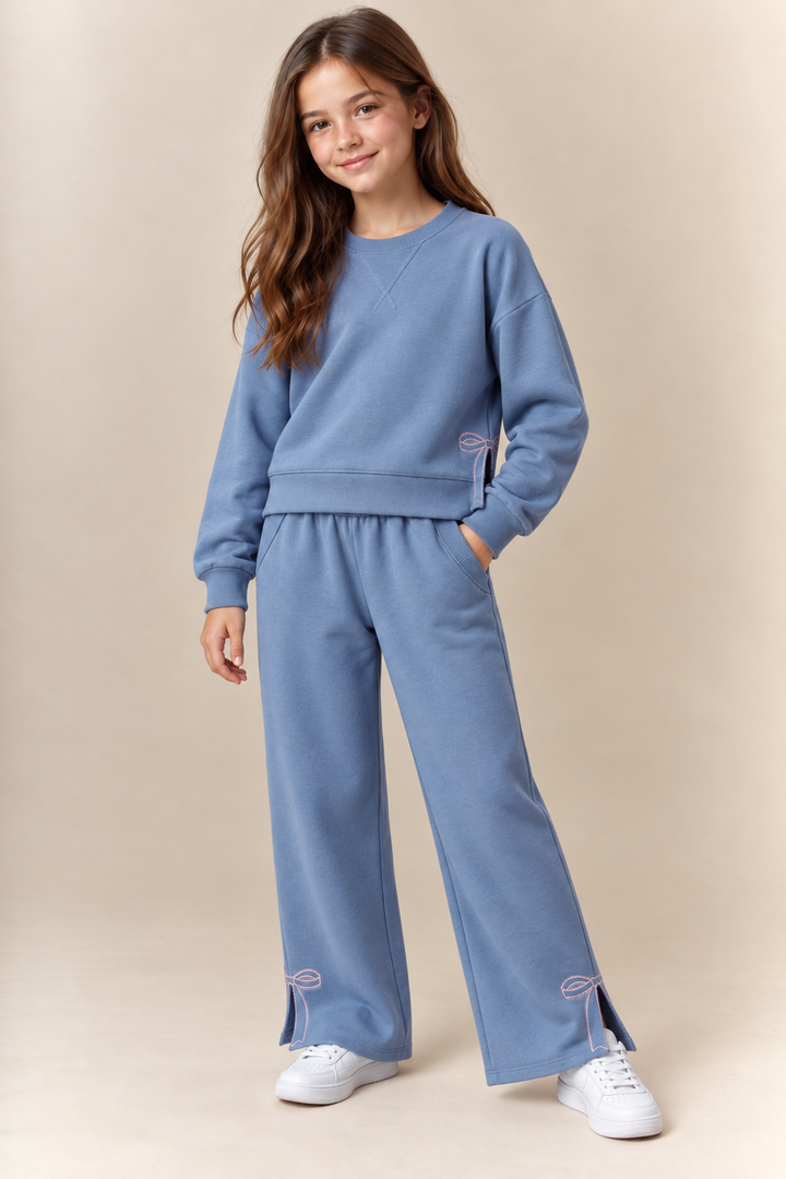 Peach Love - Side Slit Bow Detail Crewneck Top - Blue
