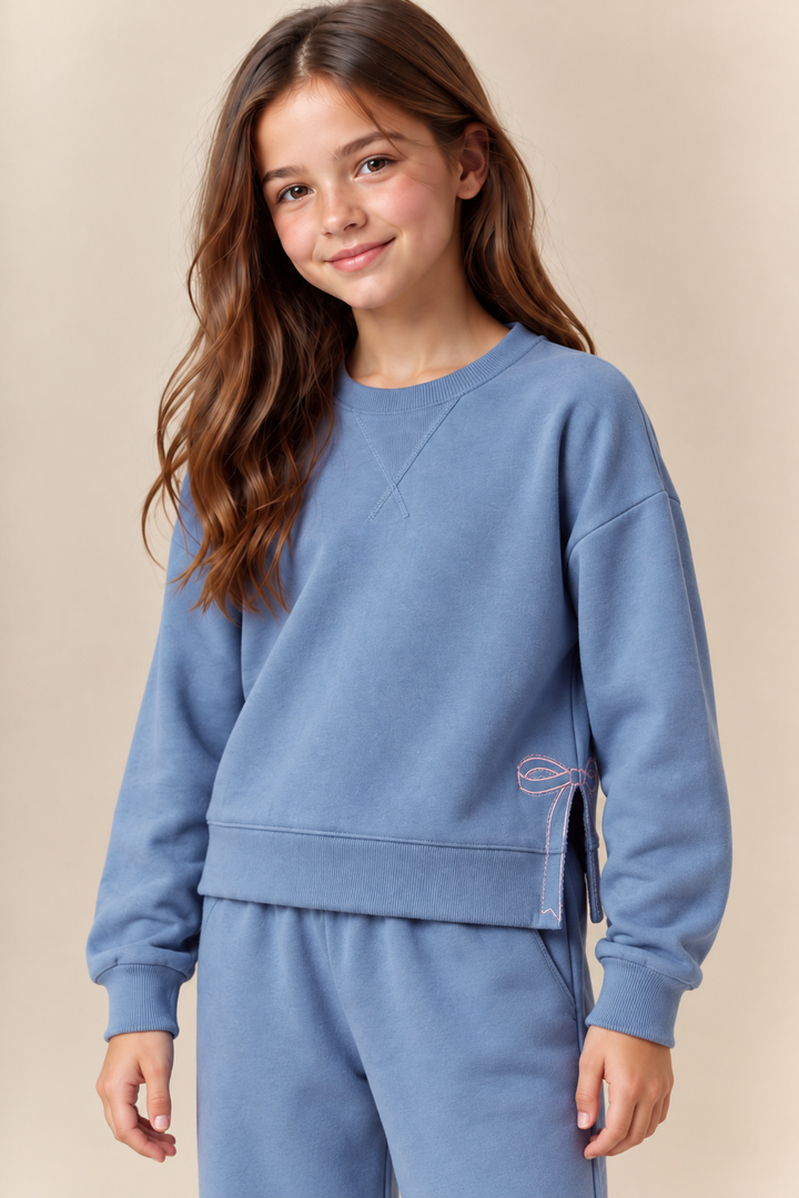 Peach Love - Side Slit Bow Detail Crewneck Top - Blue