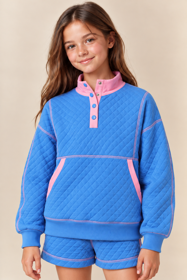 Peach Love - Quilted Snap Pullover - Blue/Pink