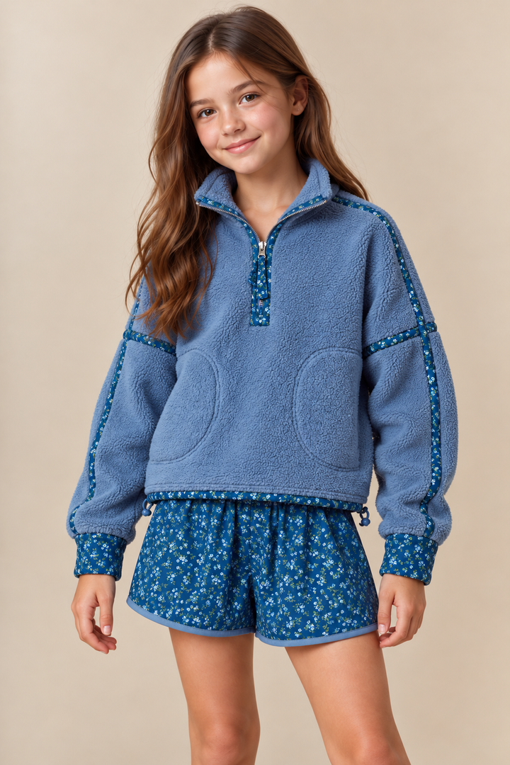Peach Love - Floral Printed Piping Detail Sherpa Jacket - Blue