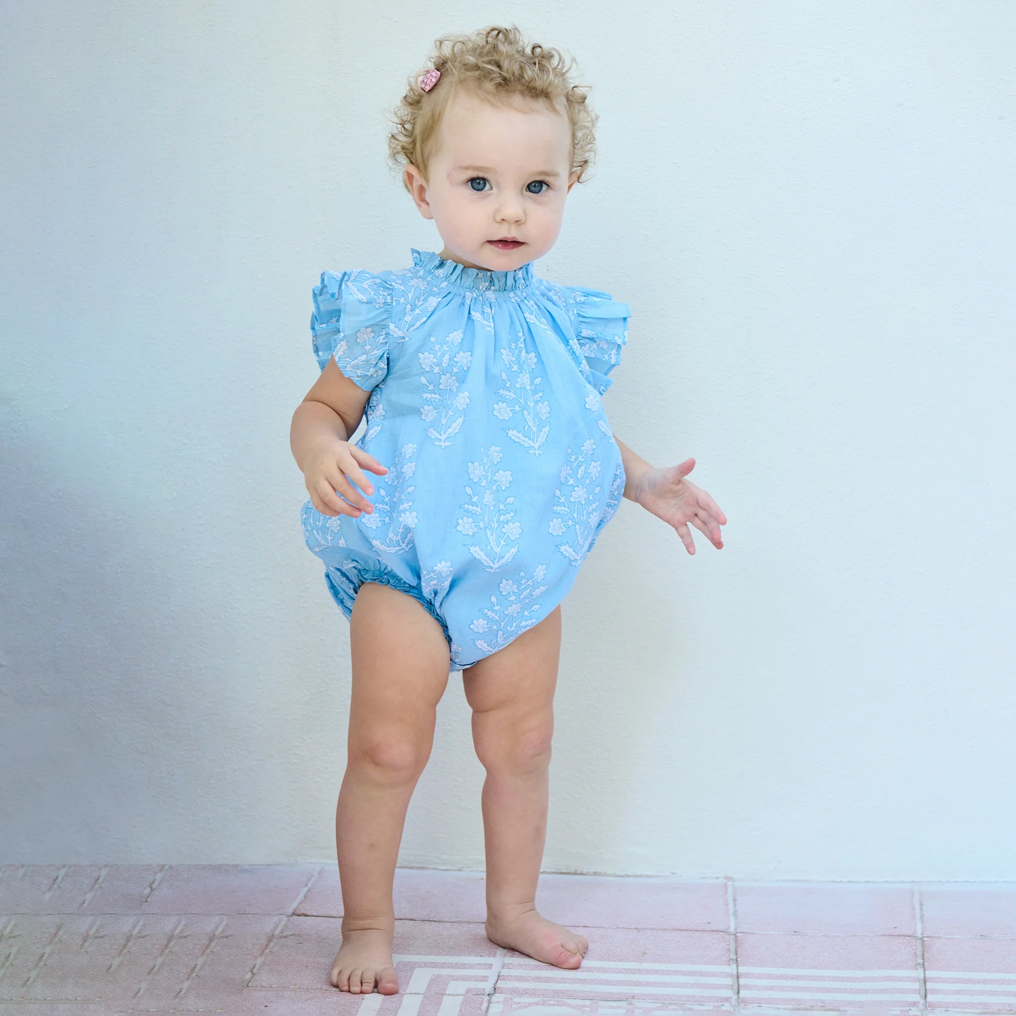 Pink Chicken - Baby Girls Harper Bubble - Blue Dewdrop Block Print