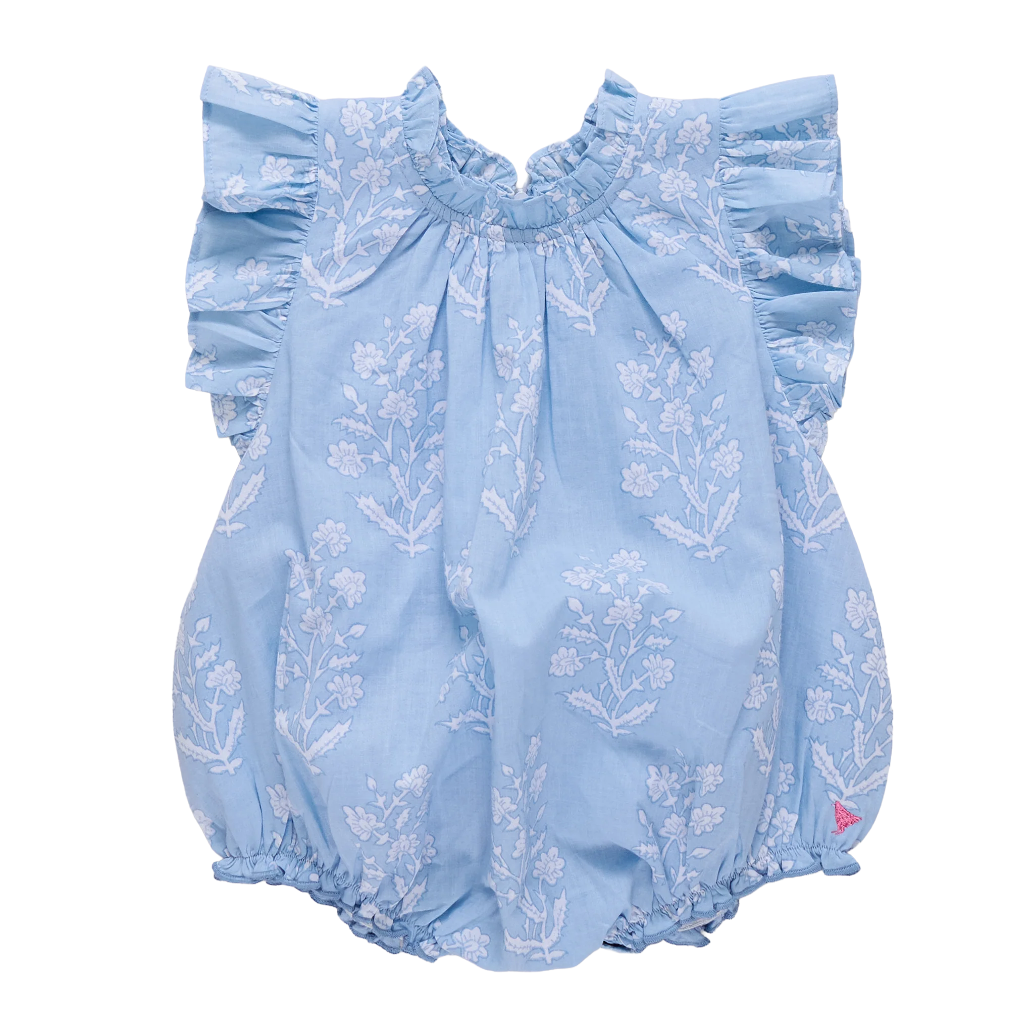 Pink Chicken - Baby Girls Harper Bubble - Blue Dewdrop Block Print