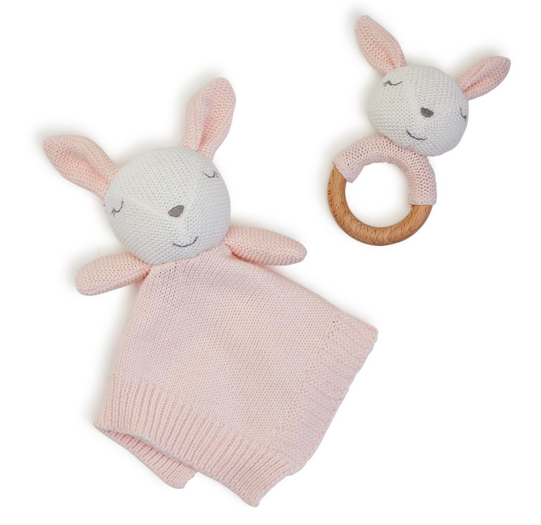 Cupcakes &amp; Cartwheels - Knitted Baby Bunny Snuggle and Rattle Set