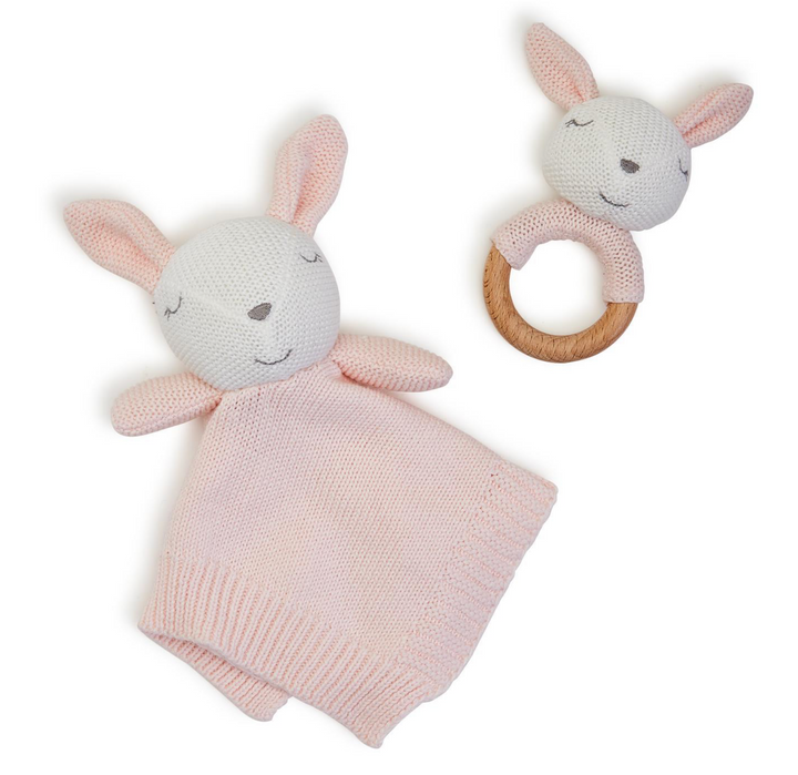 Cupcakes &amp; Cartwheels - Knitted Baby Bunny Snuggle and Rattle Set