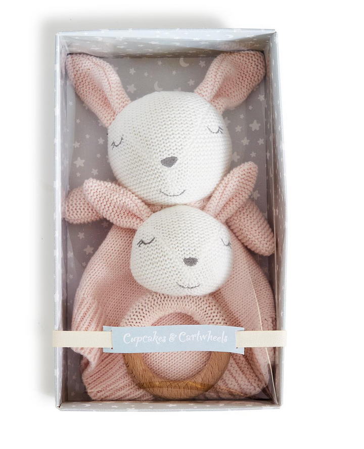Cupcakes &amp; Cartwheels - Knitted Baby Bunny Snuggle and Rattle Set