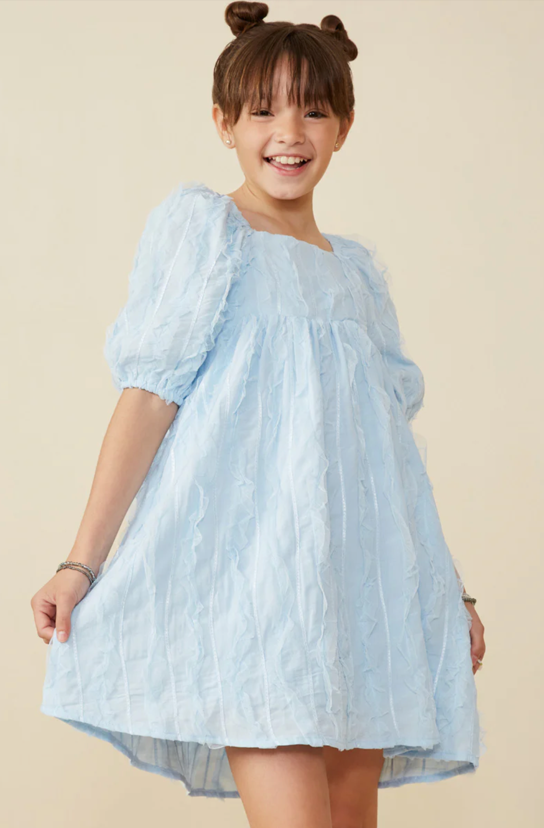 Hayden Girls - Ruffled Mesh Square Neck Dress -Blue