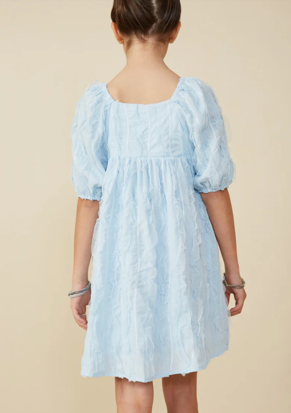 Hayden Girls - Ruffled Mesh Square Neck Dress -Blue