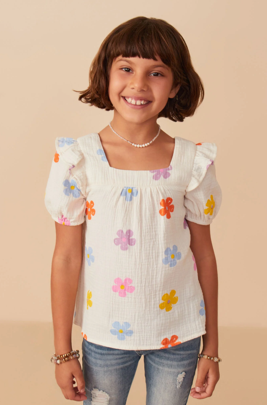 Hayden Girls - Floral Gauze Textured Square Neck Top - Ivory