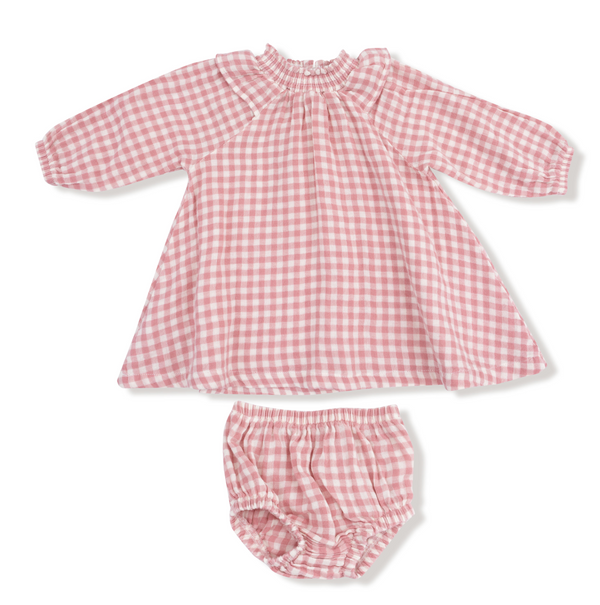 Angel Dear - Ruffle Smocked Neck Dress - Rose Pink Plaid