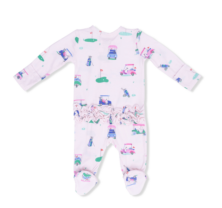 Angel Dear - 2 Way Ruffle Back Zipper Footie - Vintage Golf Carts Pink
