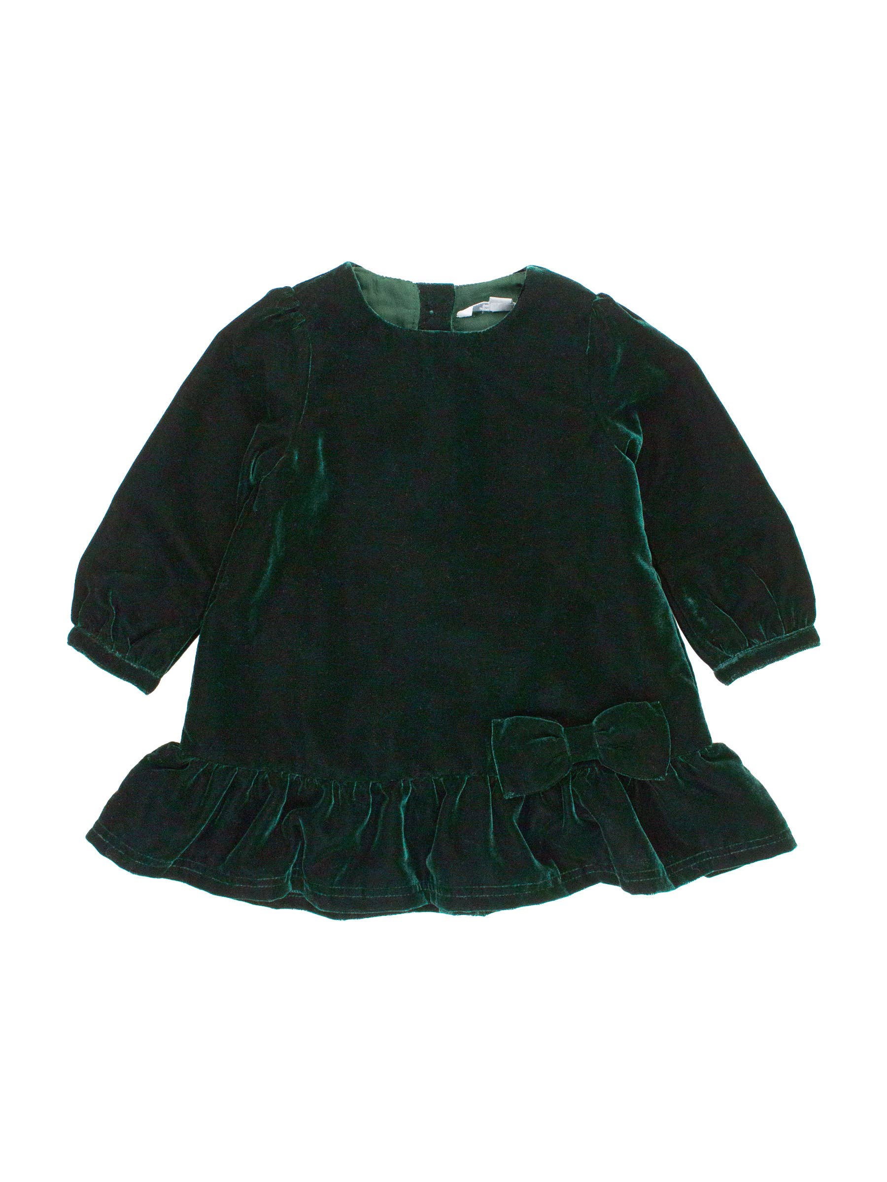 Girls Dark Hunter Green Velvet Long Sleeve Drop Waist Dress