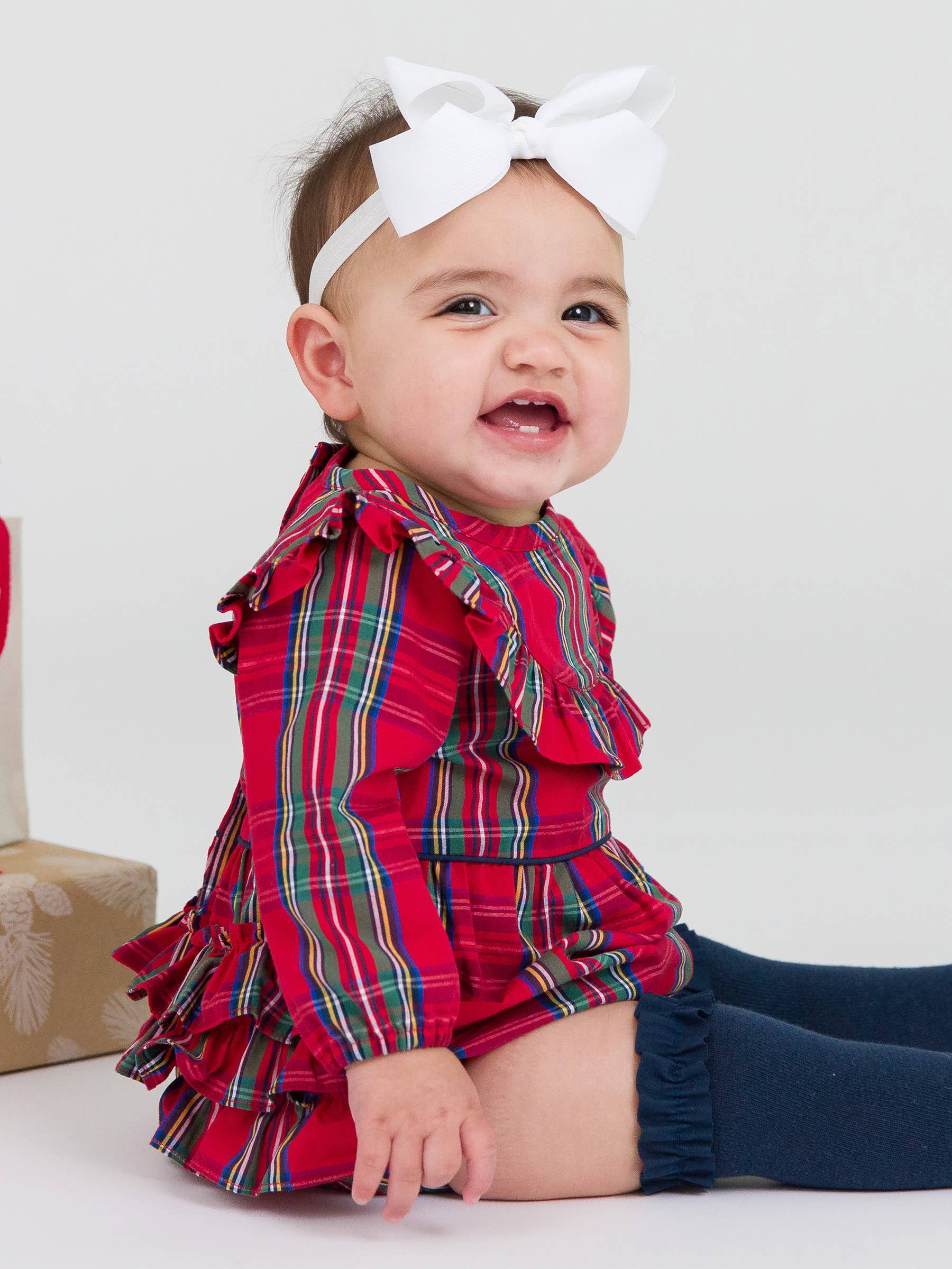 Baby Girls Tis The Season Plaid Long Sleeve Ruffle Trim Bubble Romper