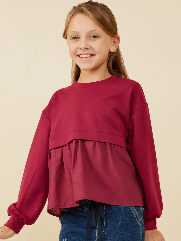 Hayden Girls - Mix Media French Terry Knit Top - Berry *FINAL SALE*
