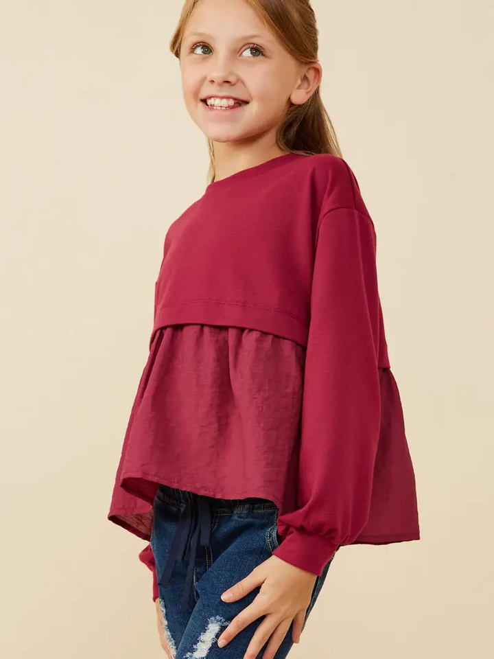 Hayden Girls - Mix Media French Terry Knit Top - Berry *FINAL SALE*