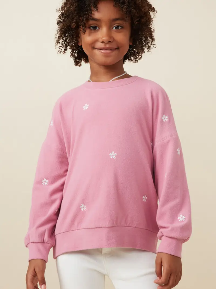 Hayden Girls - Brushed Textured Floral Embroidered Sweatshirt *FINAL SALE*